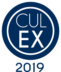 A dark blue circle with text inside reading "Cul Ex" 2019, for Culinary Extravaganza