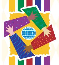 A vector artwork logo of diverse hands coming together around a globe icon