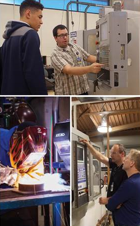 A collage of photos of students exploring the manufacturing labs