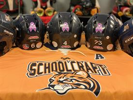 Schoolcraft College hockey helmets with purple Stanley Strong stickers