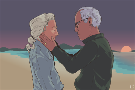 Painting of two people looking at each other on a beach