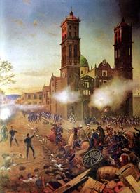A painting showing the Battle of Puebla with armies fighting in a city square