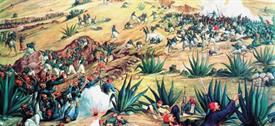 Painting showing the battle of Puebla with armies fighting in a vast space of land