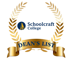 The Schoolcraft College logo surrounded by a leaves emblem and gold ribbon with text reading Dean's List
