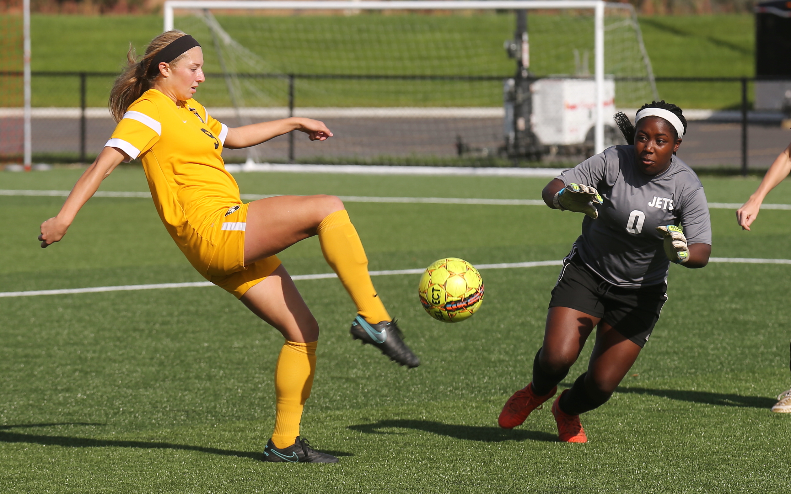 Female soccer player kicking toward goal