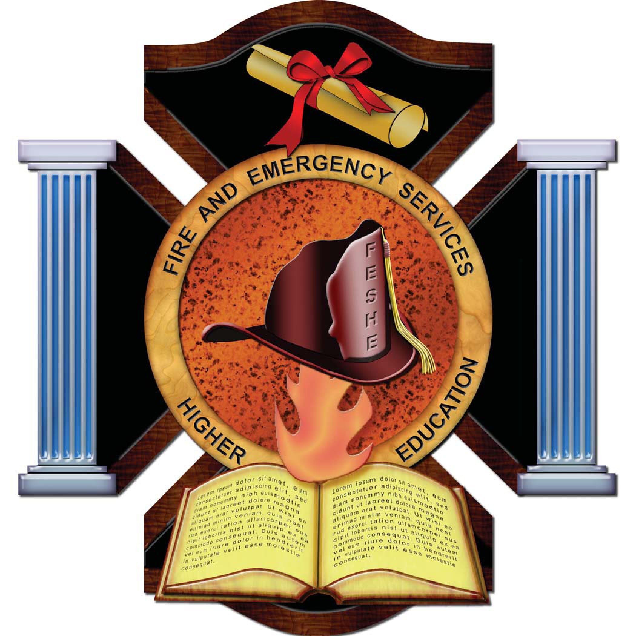 A layered graphic logo of a fire hat, book, and scroll bordered by blue pillars