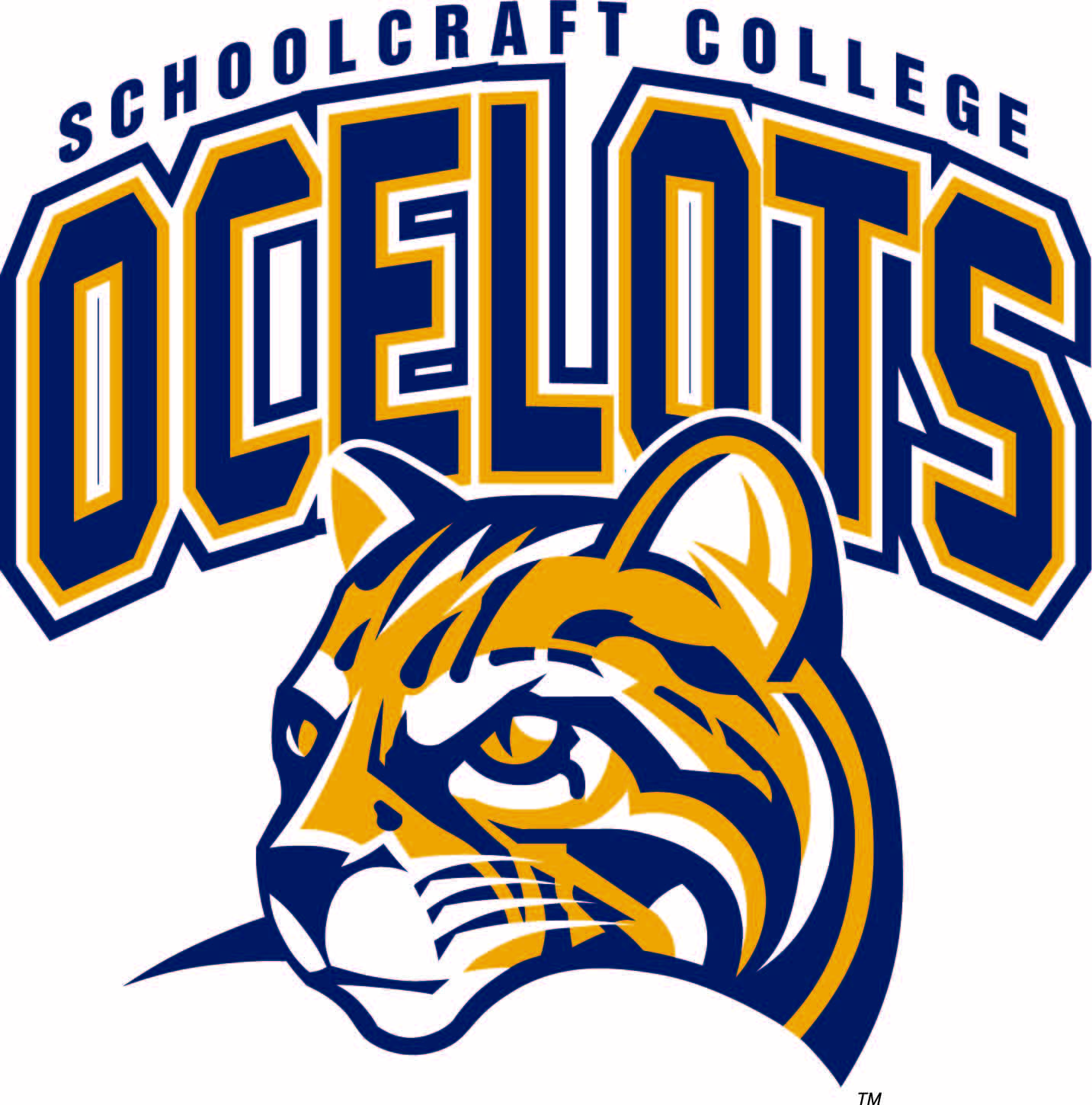 Illustration artwork of an ocelot cat in blue and gold color with block collegiate lettering behind it that reads Schoolcraft College Ocelots