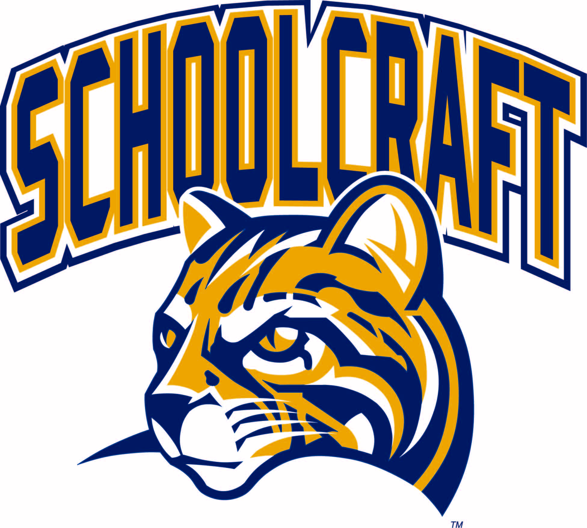 Illustration artwork of an ocelot cat in blue and gold color with block collegiate lettering behind it that reads Schoolcraft