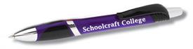 A purple click pen with a text label that reads Schoolcraft College