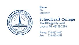Screencap of a business card example with the circular College seal on the left side and contact information text on the right side