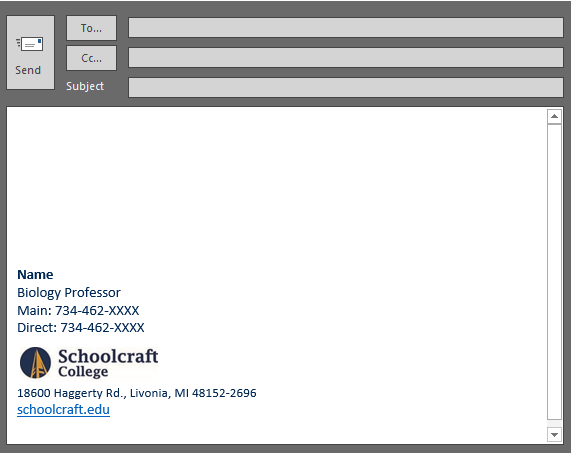 A screencap of an email message window with a signature text template in the lower left corner showcasing name, Biology Professor title, main phone, direct phone, a graphic logo, address, and website URL.