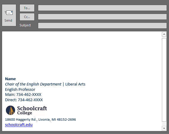 A screencap of an email message window with a signature text template in the lower left corner showcasing name, Chair of the English Department title, department, main phone, direct phone, a graphic logo, address, and website URL.