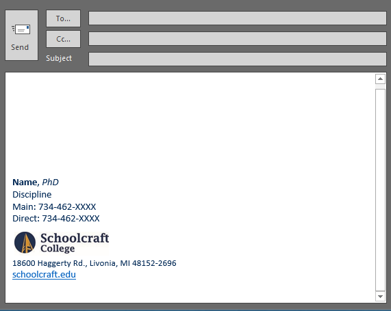 A screencap of an email message window with a signature text template in the lower left corner showcasing name with PhD credential, discipline, main phone, direct phone, a graphic logo, address, and website URL.