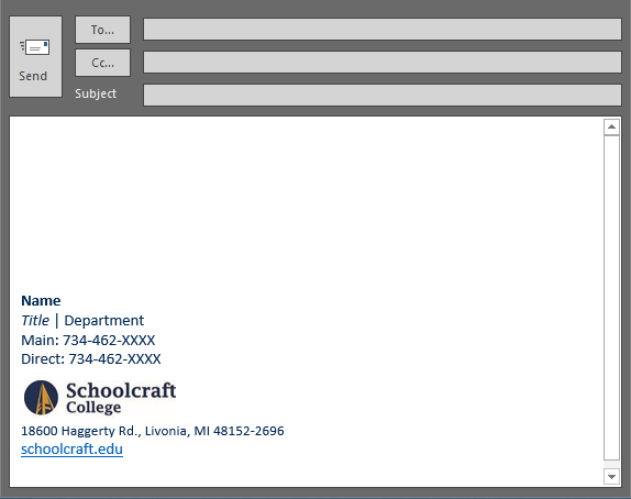 A screencap of an email message window with a signature text template in the lower left corner showcasing name, title, department, main phone, direct phone, a graphic logo, address, and website URL.