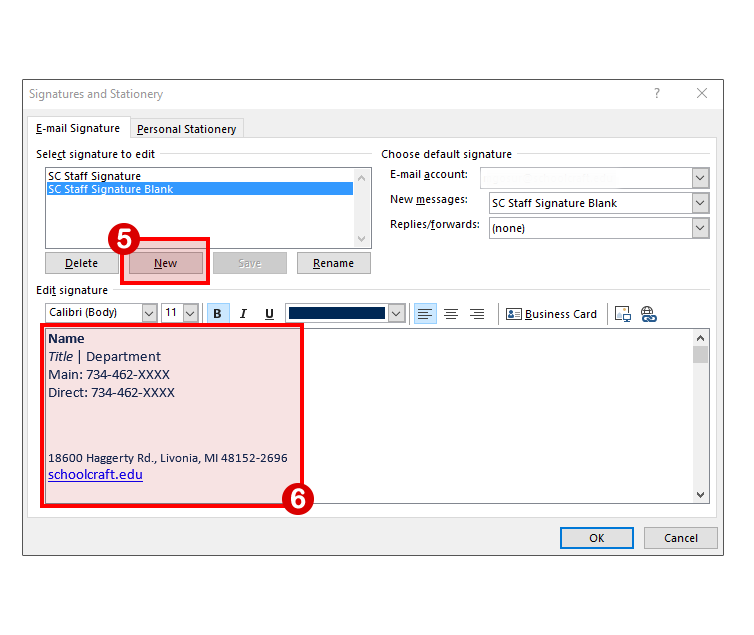 A screencap of Outlook settings with red boxes referencing locations for steps 5-6.