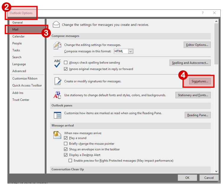 A screencap of Outlook settings with red boxes referencing locations for steps 2-4.
