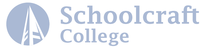 A logo containing an icon of a bell tower inside of a solid circle, next to collegiate text that reads Schoolcraft College. This logo looks faded.
