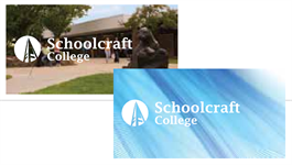 A white logo containing an icon of a bell tower inside of a solid circle, next to collegiate text that reads Schoolcraft College. This logo is overlaying a colored photograph.